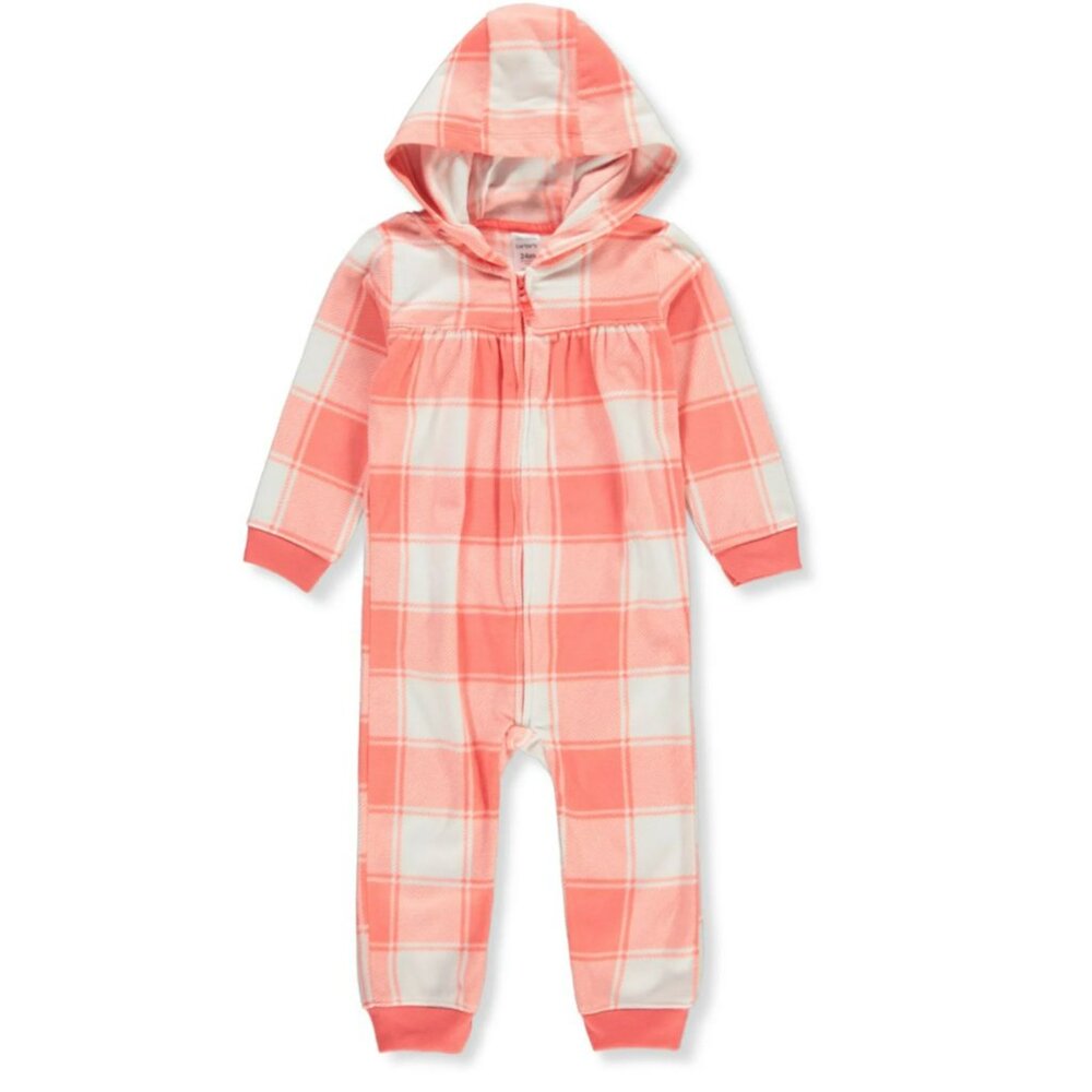 Carter's Baby Girls' Hooded Footed Coveralls - coral plaid heart bum - Newborn
